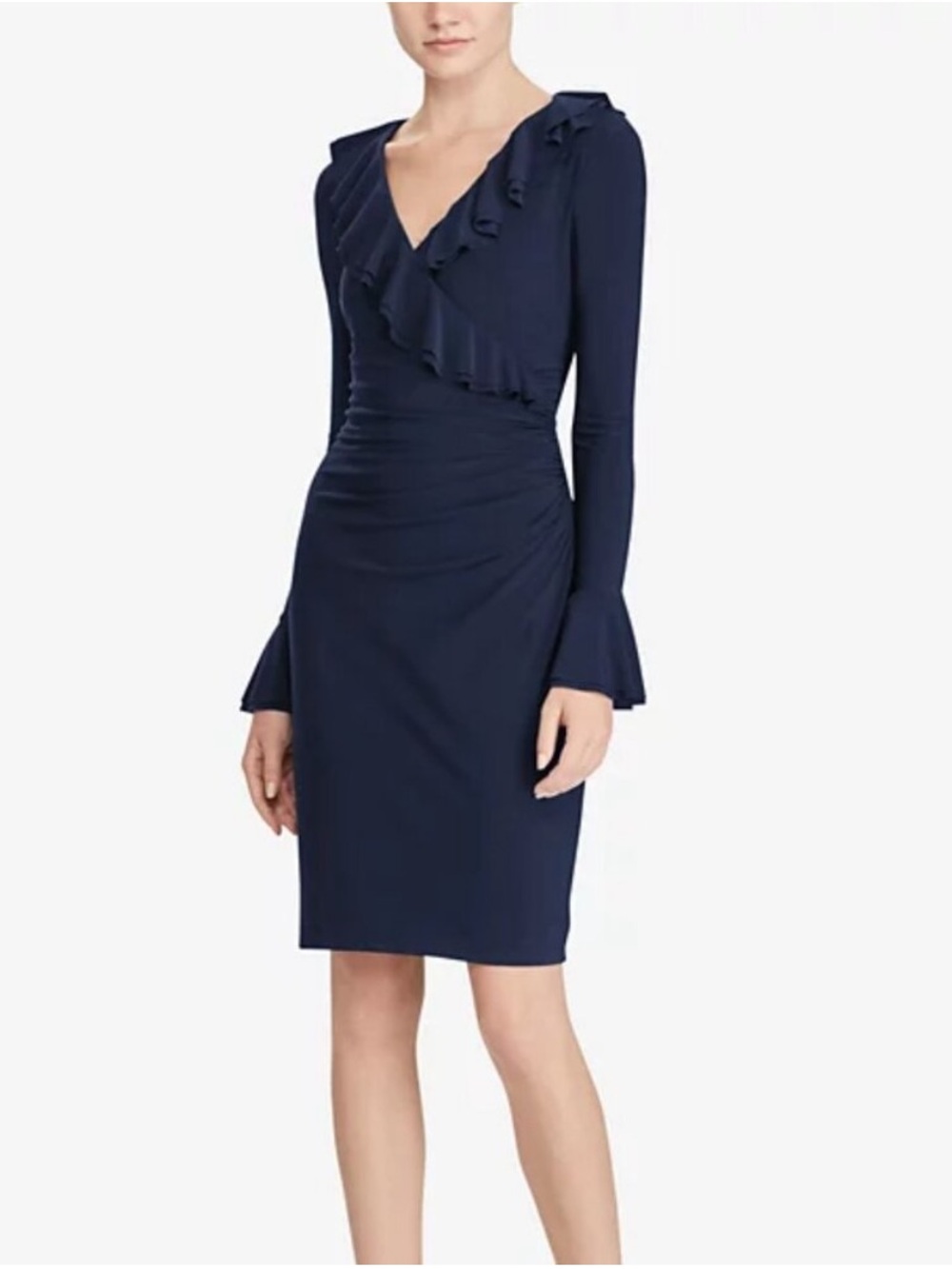 Lauren Ralph Lauren Navy Ruffle V-Neck Long-Sleeve Sheath Dress with Bell Cuffs